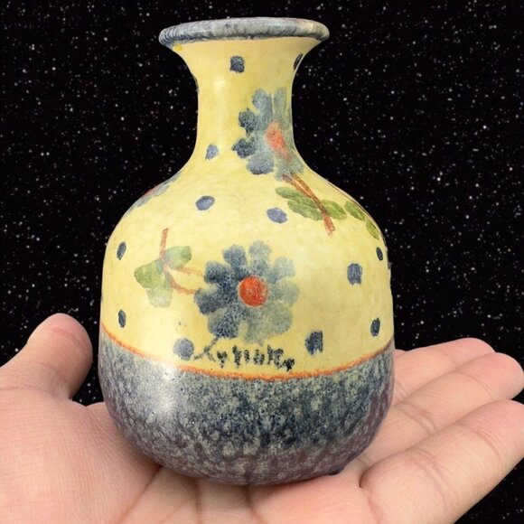 Italian Art Pottery Vase Painted Blue Flowers Colorful Vase Marked Italy 4"T - Picture 1 of 11